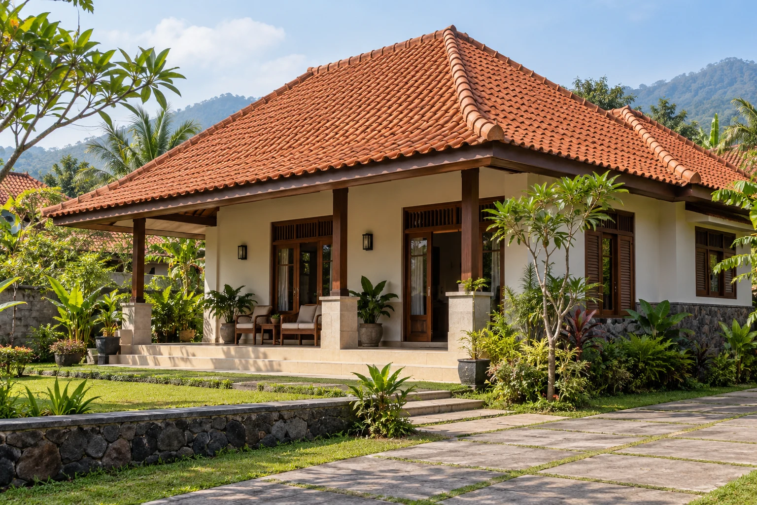 Ilustrasi AI rumah dengan genteng terakota natural