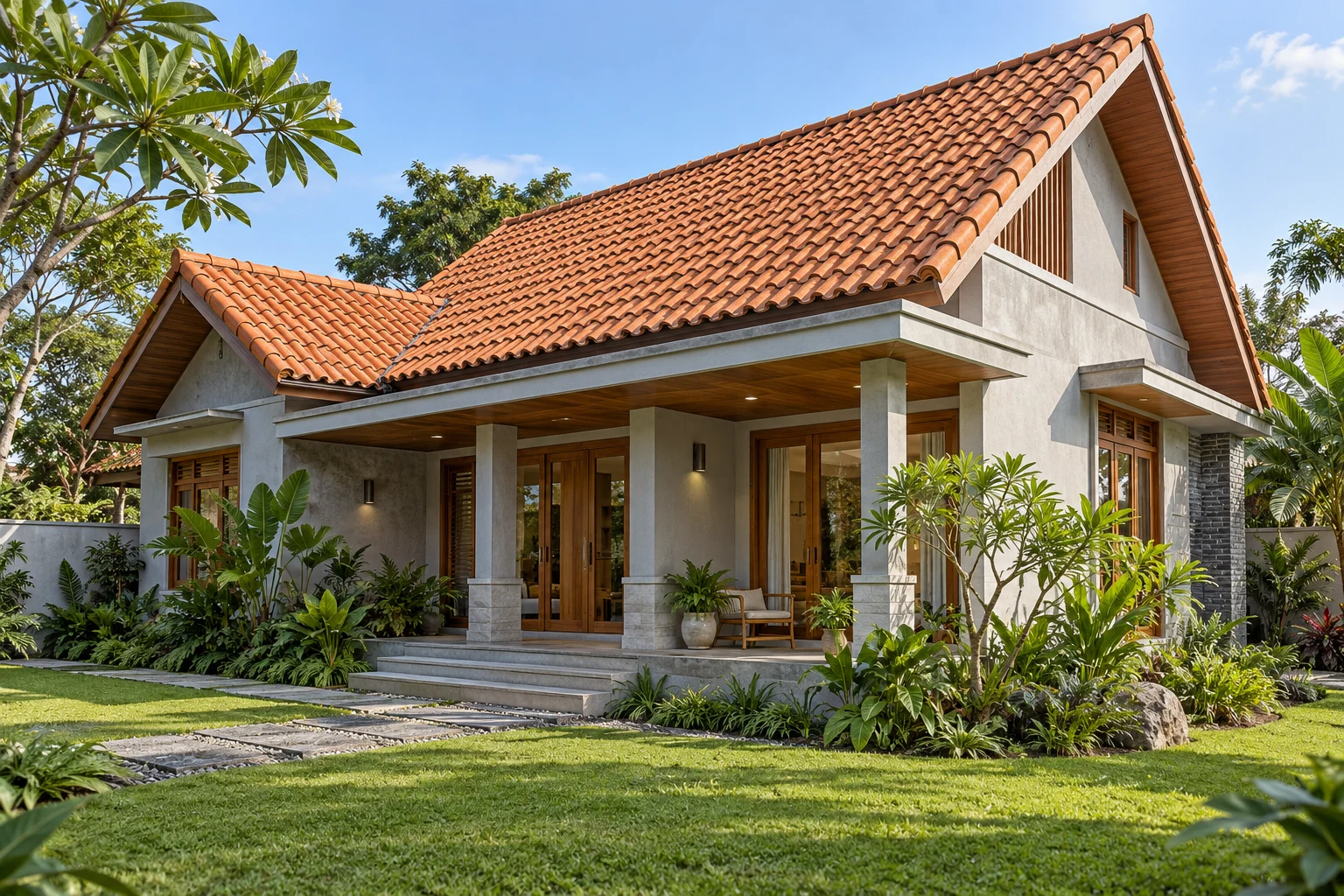 Ilustrasi AI rumah modern dengan genteng terakota oranye